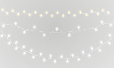 PNG gold garland and shiny string lights on transparent background for winter holiday banner with festive ribbon decoration and abstract illustration in green blue and bright colours