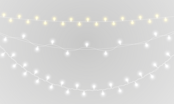 PNG gold garland and shiny string lights on transparent background for winter holiday banner with festive ribbon decoration and abstract illustration in green blue and bright colours