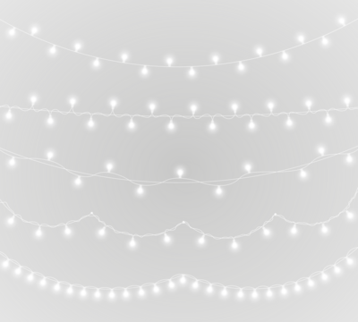 PNG gold garland and shiny string lights on transparent background for winter holiday banner with festive ribbon decoration and abstract illustration in green blue and bright colours