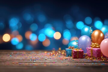 Festive birthday scene with colorful balloons and gifts on a rustic wooden table, against a bokeh background of vibrant blue and gold lights