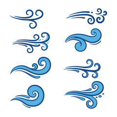 Collection of blue swirling wind and wave design elements on white background