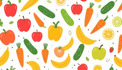 Colorful cartoon fruits and vegetables seamless pattern. Healthy food background, fresh produce illustration for diet and nutrition concepts.