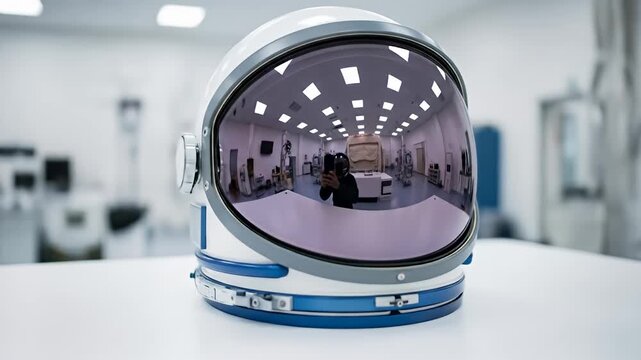 A sleek spacesuit helmet reflects a sterile lab with bright lights and equipment