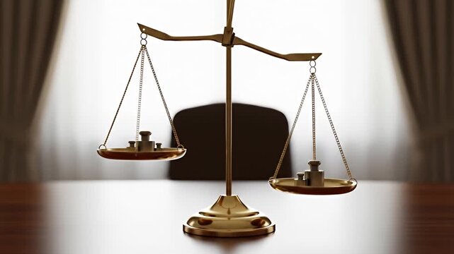 Scales of justice with weights on wooden desk and chair in background