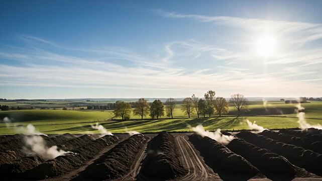 Composting rows steam on green fields under blue sky with sun
