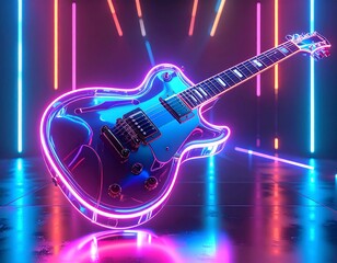 Fototapeta premium Abstract Electric Guitar 3D Rendered In Neon Glass And Chrome In A Dark Studio Setting