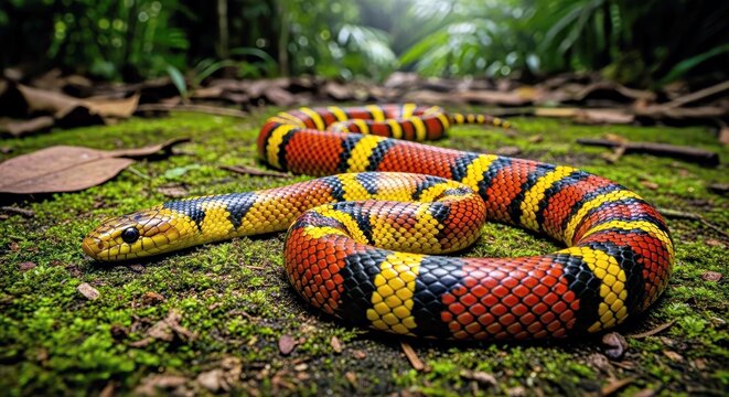 Striking Golden Coral Snake on Forest Floor in Brazilian Habitat