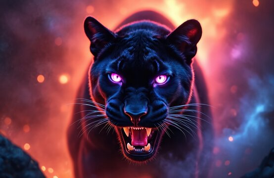 Close-up portrait of neon black panther with glowing purple eyes, baring teeth. Powerful form illuminated by vibrant pink, orange lights against dark, abstract background with bokeh effects. Striking