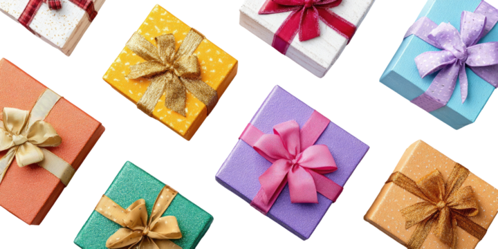 Colorful gift boxes with ribbons, various patterns