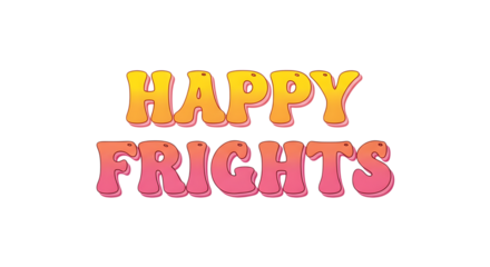 Vibrant retro groovy text spells "Happy Frights" with warm yellow to pink gradient and bold outline, perfect for playful designs