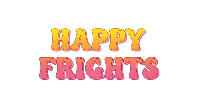 Vibrant retro groovy text spells "Happy Frights" with warm yellow to pink gradient and bold outline, perfect for playful designs