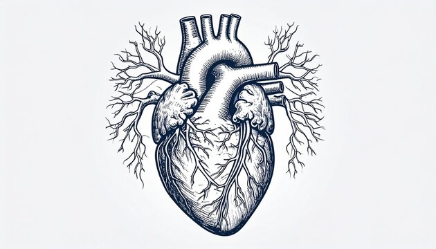 Vintage anatomical heart drawing with branching roots, intricate engraving style, human organ illustration, health and nature concept.