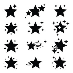 A collection of black star shapes and sparkles on a white background