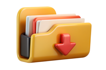 Photo of 3d render of a yellow folder with various documents and a red download arrow, isolated on transparent background