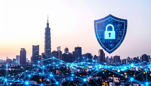 Smart city network with glowing shield padlock, symbolizing cybersecurity and data protection for urban technology and digital privacy. - Powered by Adobe