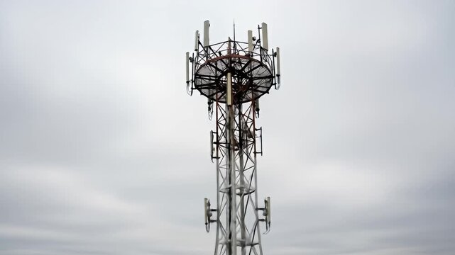 Cell tower soars into a hazy, overcast sky. Steel lattice structure. Antennas atop