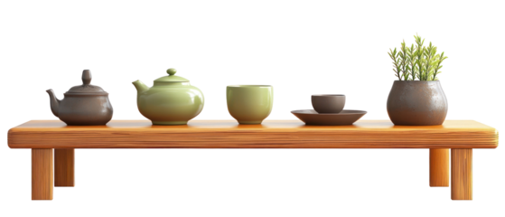 Assortment Of Teapots Cups And Plants On Wooden Shelf With Transparent Background