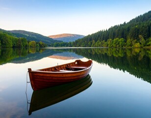 Obraz premium Traditional Wooden Rowboat Sitting at the Edge of a Beautiful Mountain Lake in Nature