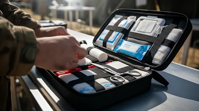 Close-up of hands using a first aid kit with bandages, wipes, and scissors, outdoors
