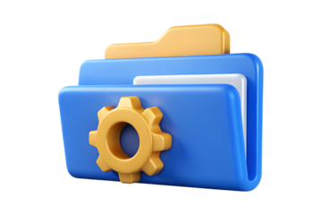 Photo of blue folder with a gear icon, representing data organization and management, isolated on transparent background
