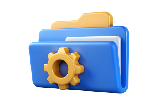 Photo of blue folder with a gear icon, representing data organization and management, isolated on transparent background