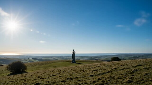 Verdant hillscape with a distant lighthouse under a bright, clear sky and sunburst