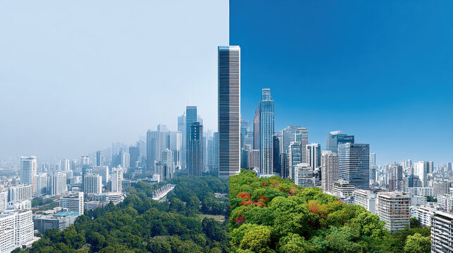 Urban skyline split view showing hazy pollution on one side and clear blue sky on other with green trees in foreground