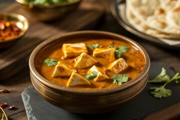 Savor rich paneer butter masala with fresh cilantro garnish and fluffy naan bread, a delicious Indian culinary delight.