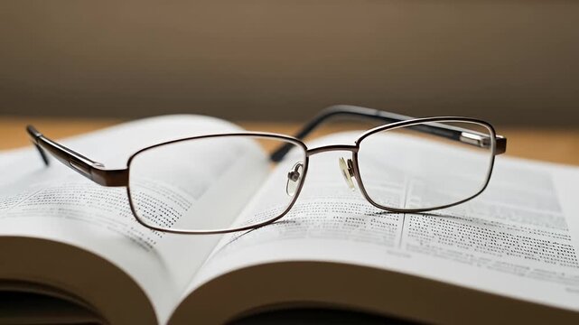 Glasses rest on open book with readable text under soft window light indoors