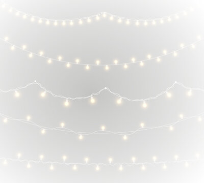 PNG transparent holiday garland with glowing string lights and gold ribbon on white background perfect for festive celebration banner or marketing card in bright colourful design