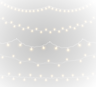 PNG transparent holiday garland with glowing string lights and gold ribbon on white background perfect for festive celebration banner or marketing card in bright colourful design