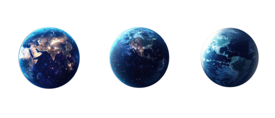 Three Earth Globes in a Blue and Dark Color Palette Illustrating Night Cities and Global Lights Against Transparent Background