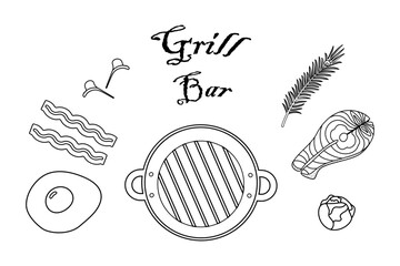 Fried Egg Bacon Strip Greens and Salmon Steak Brussels sprouts and Rosemary twig and Grill Pan Set