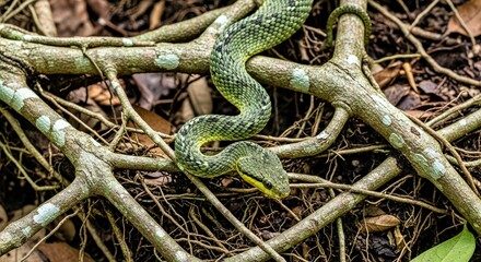 Fototapeta premium Vigilant Venom Snake Bird's-Eye View in Rainforest Roots