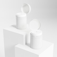 Airless cosmetic bottle with flip top cap mockup, translucent airless pump skincare packaging, cylindrical plastic cream jar container, transparent airless facial lotion bottle with pump dispenser