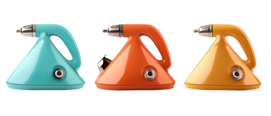 Three Colorful Electric Kettle Objects in Turquoise Orange And Yellow on Transparent Background