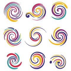 Colorful swirl shapes in various sizes and styles on white background