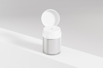 Airless cosmetic bottle with flip top cap mockup, translucent airless pump skincare packaging, cylindrical plastic cream jar container, transparent airless facial lotion bottle with pump dispenser