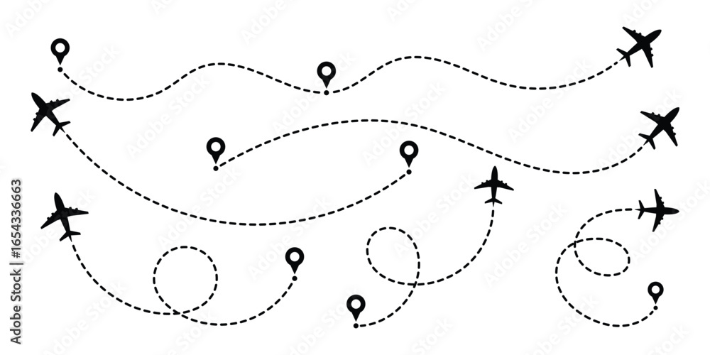 Poster airplane routes flight path vector with location pins. airplane line path icon of air plane flight r