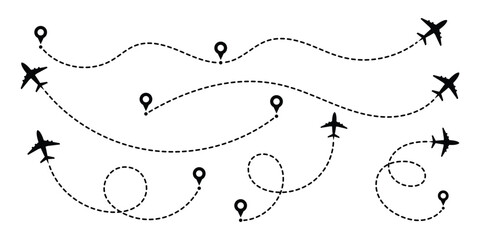 Airplane routes flight path vector with location pins. Airplane line path icon of air plane flight route with start point and dash dotted line trace.
