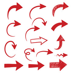 Collection of red hand drawn arrows on white background