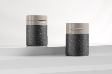 Airless lotion bottle with flip top cap mockup, round airless pump skincare packaging, cylindrical plastic cream jar container, cosmetic bottle with pump dispenser, organic earthy cosmetic concept