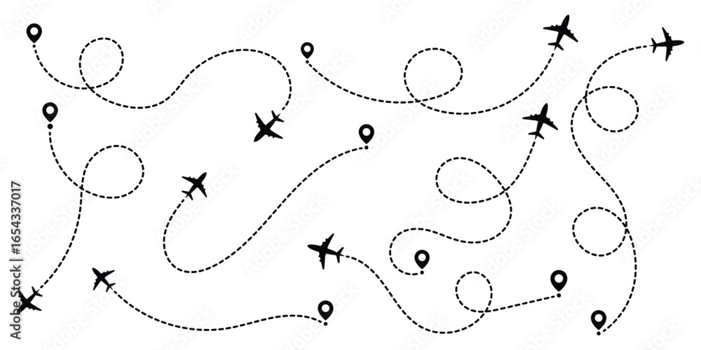 Poster airplane routes flight path vector with location pins. airplane line path icon of air plane flight r