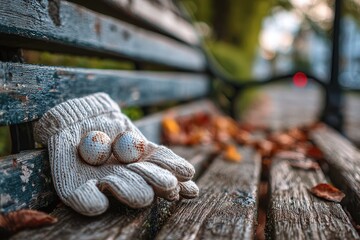 Cream glove holding speckled eggs on weathered park bench. Autumn leaves