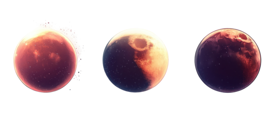 Three Moon Phases Displayed Against Transparent Background Showing Craters And Cosmic Elements