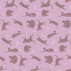 Seamless pattern with cute cat silhouettes, toy balls, toy mice and cute cat footprints on a colored background with pets in various poses. For wallpaper, fabric and wrapping paper designs.