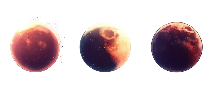 Three Moon Phases Displayed Against Transparent Background Showing Craters And Cosmic Elements