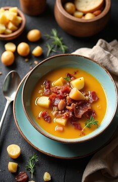 Rustic bowl filled with hearty Bouneschlupp soup, featuring tender potatoes, crispy bacon pieces. Savory meat flavor complements tender beans, grains in rich broth. Garnished with fresh parsley,