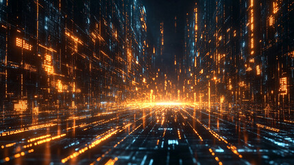 Futuristic 3D big data concept with abstract technology grid, digital connections, and modern tech visualization for data, analytics, and IT backgrounds.