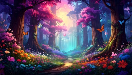 Fototapeta premium A vibrant, fantastical forest path bathed in a dreamy light